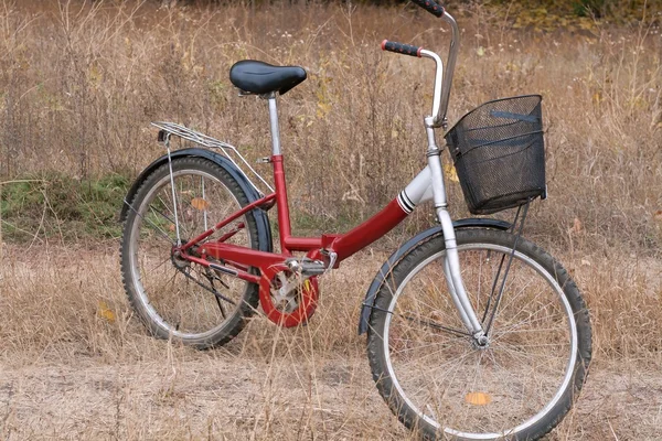 Kadın kırmızı bisiklet sonbahar yolda — Stok fotoğraf