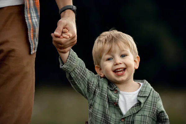 Apa Fia Kéz Kézben Sétál Gyerekkori Szülői Koncepció Apák Napja — Stock Fotó