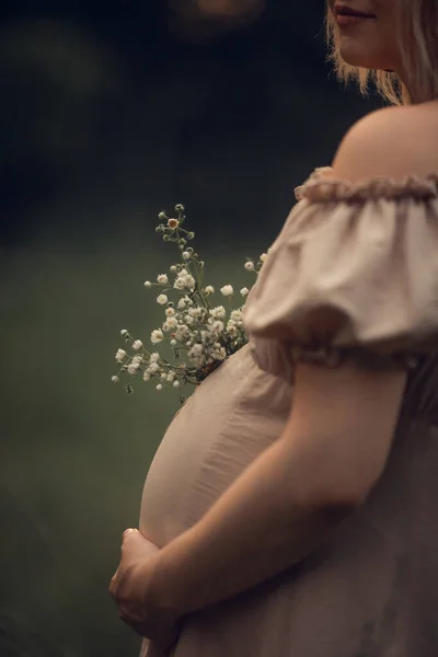 Ciężarna Kobieta Beżowej Sukience Trzyma Rękę Brzuchu Czekam Dziecko Sesję — Zdjęcie stockowe