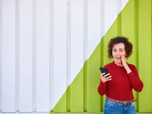 Young Caucasian Woman Curly Hair Wearing Red Sweater Jeans Using — Stock Photo, Image