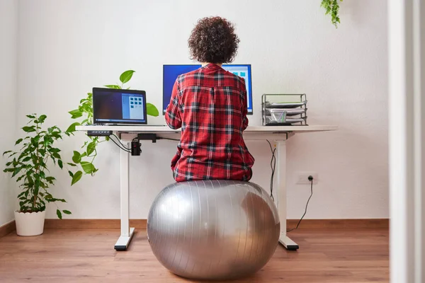 Back View Woman Teleworking Sitting Fitball Front Her Desk — Stock Photo, Image