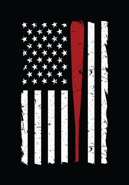 Bandera Béisbol Americana Bandera Blanco Negro Vector Bate Béisbol Rojo — Vector de stock