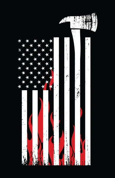 İtfaiyeci vektör tişörtü tasarımı. İtfaiyeci baltası, Amerikan bayrağı ve grunge etkisi olan ateş alevi..