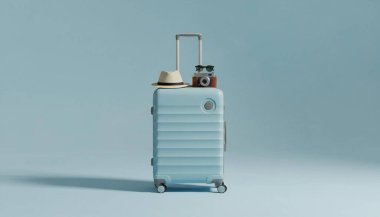 Asgari Pastel Arkaplanda Şapka ve Kameralı Açık Mavi Bavul