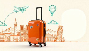 Küresel Seyahat Hattı Sanat Arkaplanlı Modern Portakal Bavulu