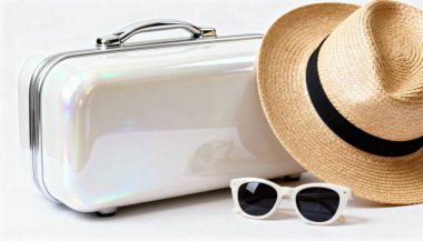 Yaz Seyahati Özellikleri natürmort. Hasır Şapkalı ve Parlak Asgari Stüdyoda Güneş gözlüklü Beyaz Kabuk Bavulu