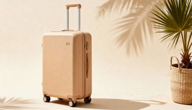 Palm Shadow ile Ilık Minimum Tropikal Stüdyoda Bej Sert Kabuk Bavulu