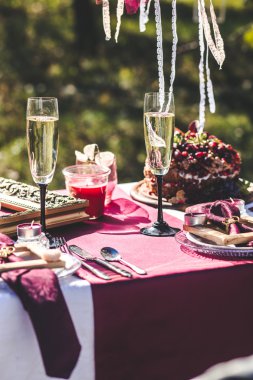 Dekorasyon, sandalye, çatal, mum, düğün