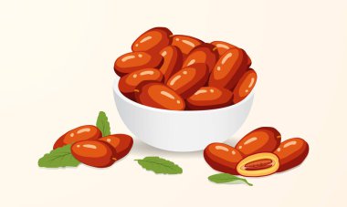 Ramazan 'da iftar için bir kase hurma. Tarih illüstrasyon vektörü izole arkaplan