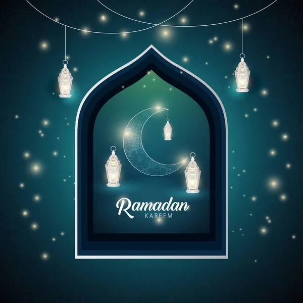 Ramadan Kareem Night Blau Voller Sterne Mit Laternen Hintergrunddesign Vektor — Stockvektor