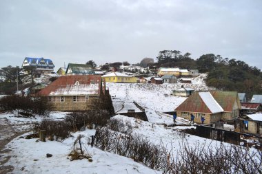 Kar yağışı ve parlak güneş ışığı. Mavimsi bulutlu gökyüzü ve yeşil çam ağacı ile parıltılı bir manzara.