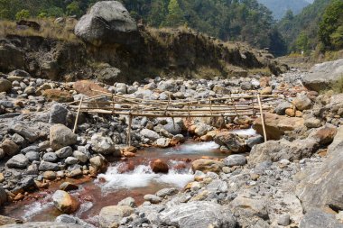 Köylüler yüksek akıntılı Himalyan nehri üzerindeki geçici Bambu köprüsü kurdular. Uzak köy Todey, Kalimpong 'daki tek bağlantı. .