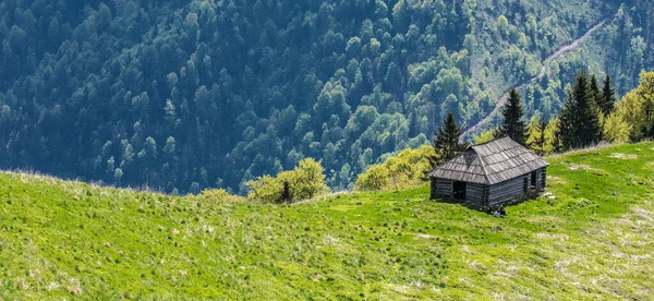 Dağlarda ahşap bir ev. Karpatya dağlarının muhteşem manzaraları