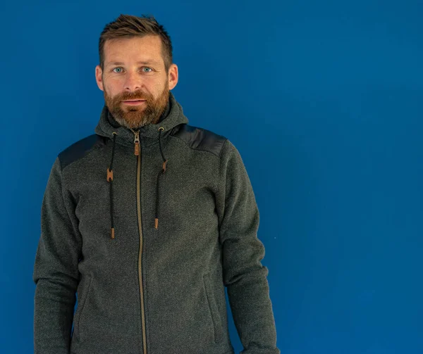 Young Man Jacket Blue Background — Stock Photo, Image