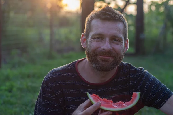 Portrait Young Handsome Woman Eating Watermelon Woman Holding Watermelon Close — Stock Photo, Image