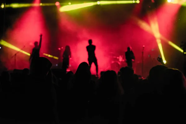 Crowd Concert Silhouettes Stage Lights Silhouettes Concert Crowd Front Bright — Stock Photo, Image