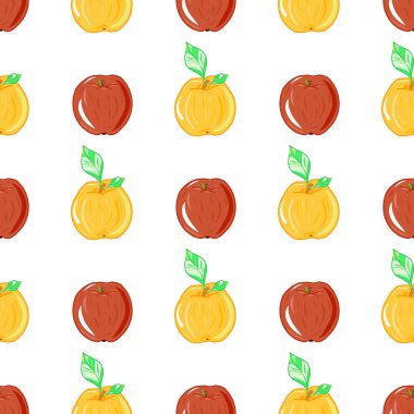 Sarı kırmızı elma deseni. Dekorlar, süsler, duvar kağıtları, hediyeler, damaske, kağıt, kapaklar, şablonlar, kutlamalar, yaz tatilleri, doğal meyve temaları. İzole vektör sanatı.