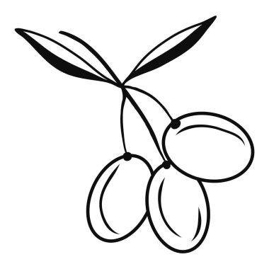 Olives group on branch icons. Black illustration. Contour liner sketch. Idea for decors, logo, patterns, papers, covers, gifts, summer and autumn holidays, floral natural themes. Isolated vector art.