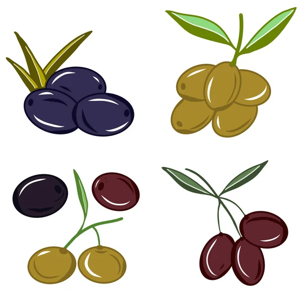 Set of olives on branch icons. Illustrations. Colorful sketch. Idea for decors, logo, patterns, papers, covers, gifts, summer and autumn holidays, floral natural themes. Isolated vector art.
