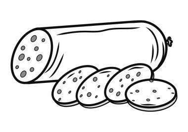 Contour sucuk ikonu. Yaratıcı illüstrasyon. Siyah çizim. Dekorlar, logolar, desenler, kağıtlar, kapaklar, hediyeler, kutlamalar ve tatiller için fikirler, organik gıda temaları. İzole vektör sanatı.