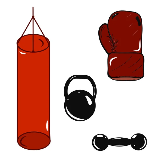 Set Von Boxsymbolen Boxsack Kurzhanteln Kettlebell Handschuh Weißer Hintergrund Grafisches — Stockvektor