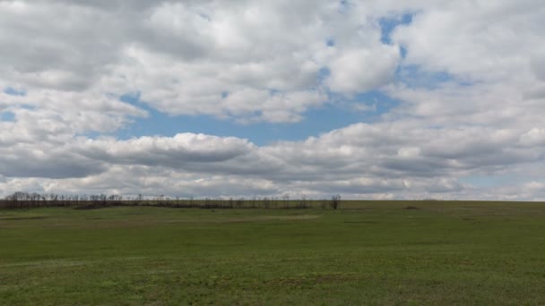 Rusia, timelapse. El movimiento de las nubes sobre los campos de trigo de invierno a principios de primavera en las vastas estepas del Don . — Vídeos de Stock