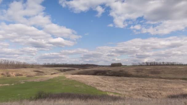 Rusia, timelapse. El movimiento de las nubes sobre los campos de trigo de invierno a principios de primavera en las vastas estepas del Don . — Vídeo de stock