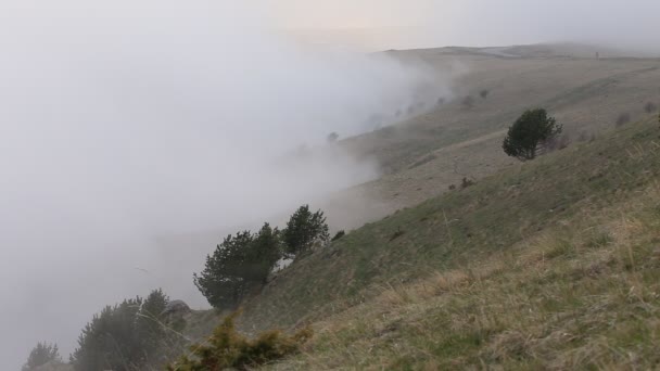 Russia. In early spring the dense veil of mist and clouds creeping up the steep mountain slopes of the Central Caucasus peaks. — Stock Video