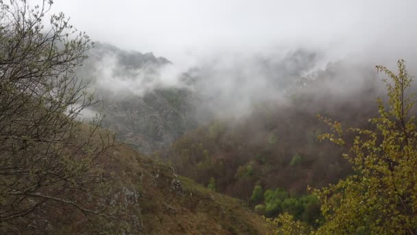 Ρωσία. Στις αρχές της άνοιξης, το πυκνό πέπλο από ομίχλη και σύννεφα ανοδική πορεία και τις απότομες πλαγιές των βουνών του Καυκάσου κεντρική κορυφές. — Αρχείο Βίντεο