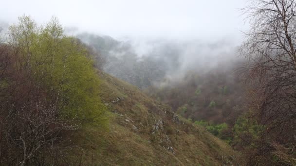 Russia. In early spring the dense veil of mist and clouds creeping up the steep mountain slopes of the Central Caucasus peaks. — Stock Video