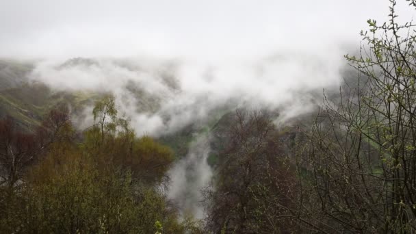 ロシア。春先に霧と雲の中央コーカサス山脈の険しい山の斜面に忍び寄るの密なベールがピークします。. — ストック動画