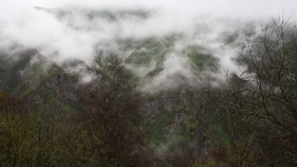 A Rússia. No início da primavera, o denso véu de névoa e nuvens rastejando pelas encostas íngremes das montanhas dos picos do Cáucaso Central . — Vídeo de Stock