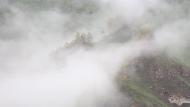 Ryssland. Tidigt på våren toppar tät slöja av dimma och moln smyger sig branta bergssluttningarna i centrala Kaukasus. — Stockvideo