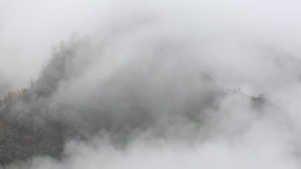 Россия. Ранней весной густая завеса тумана и облаков, ползущих вверх по крутым горным склонам пиков Центрального Кавказа . — стоковое видео