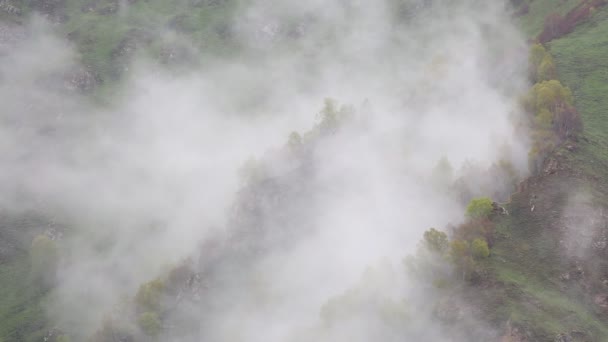 俄罗斯。在早春的雾和云爬上陡峭的山坡的中央高加索密集的面纱山峰. — 图库视频影像