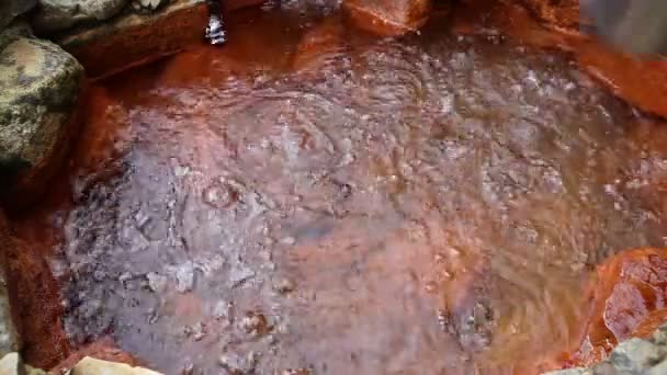 러시아, 끓는 미네랄의 거품의 소스 물-카바르디노발카르 공화국의 산에서 붉은 벽에 잘 탄산수 — 비디오