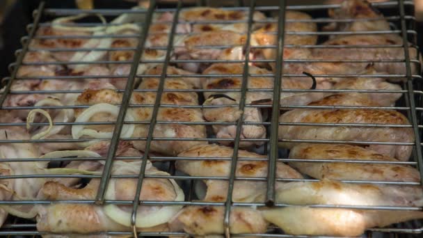Подготовка жареного мяса на открытом воздухе для пикника и отдыха . — стоковое видео