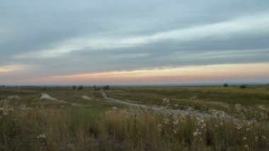 Rusya, zaman atlamalı. Don'un uçsuz bucaksız bozkırlarında, sonbahardaki sonsuz yeşil çim alanları nın oluşumu ve hareketi.