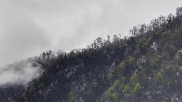 Oluşumu ve bulutlar dağlar Merkezi Kafkasya zirvesinin sarp dağ yamaçları kadar hareketi. — Stok video