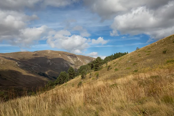 Höstens blå himmel med vita moln och berg på det gulnade — Stockfoto