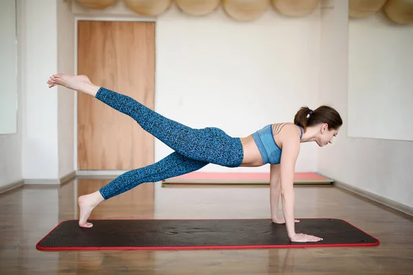 Spor kıyafetli bir kadın yoga yapıyor, bacağını kaldırmış kalas pozu veriyor.. Telifsiz Stok Fotoğraflar