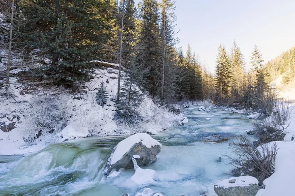 Paesaggio Invernale Torrente Non Ghiacciato Nella Foresta Innevata Invernale — Foto Stock