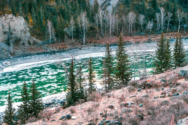 Ghiaccio alla deriva in un fiume di montagna. Piccolo fiume che conduce al lago all'inizio della sera d'inverno — Foto Stock