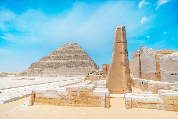 The step pyramid at Saqqara is the oldest surviving large stone building in the world. Built by the architect Imhotep in Saqqara for the burial of Pharaoh Djoser circa 2650 BC.