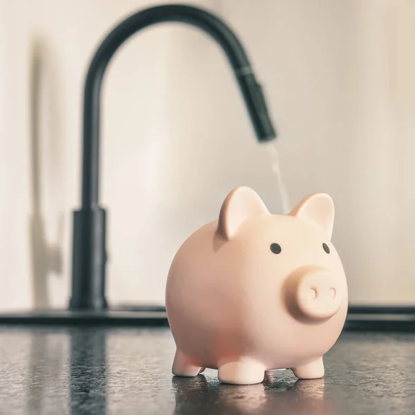 Metal tap and piggy bank on sink. Water saving concept, the rise in price of housing and communal services.