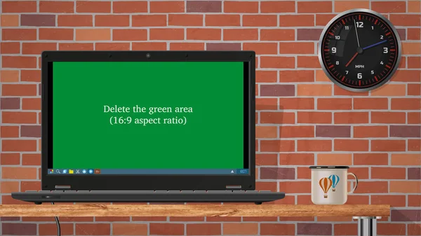 Laptop Inneren Des Zimmers Überlagert Abnehmbarer Grüner Bildschirm Leere Editierbare — Stockfoto
