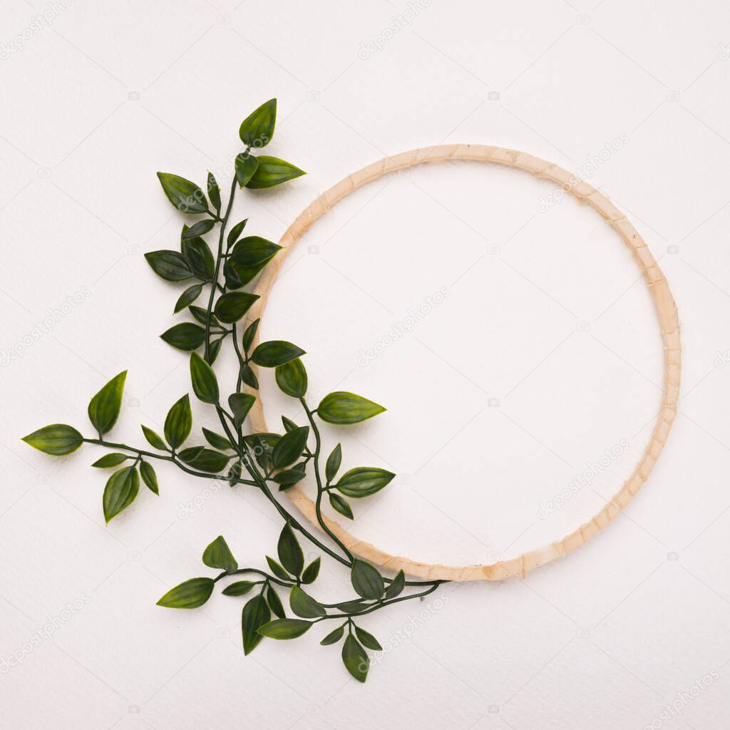 A close up of a flower. Wooden circle frame with green artificial leaves white backdrop