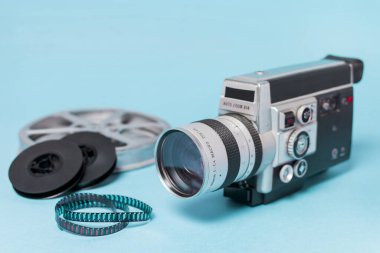 film reels film strips vintage camcorder blue background. Resolution and high quality beautiful photo