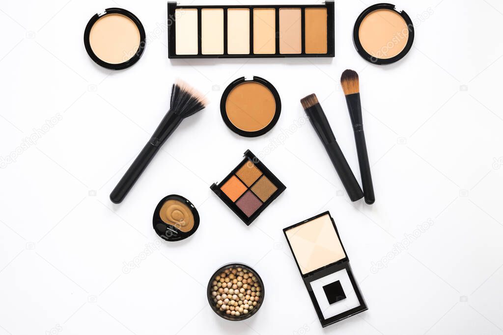different facial powders with powder brushes table. Resolution and high quality beautiful photo