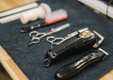 close up view barbershop accessories. Resolution and high quality beautiful photo